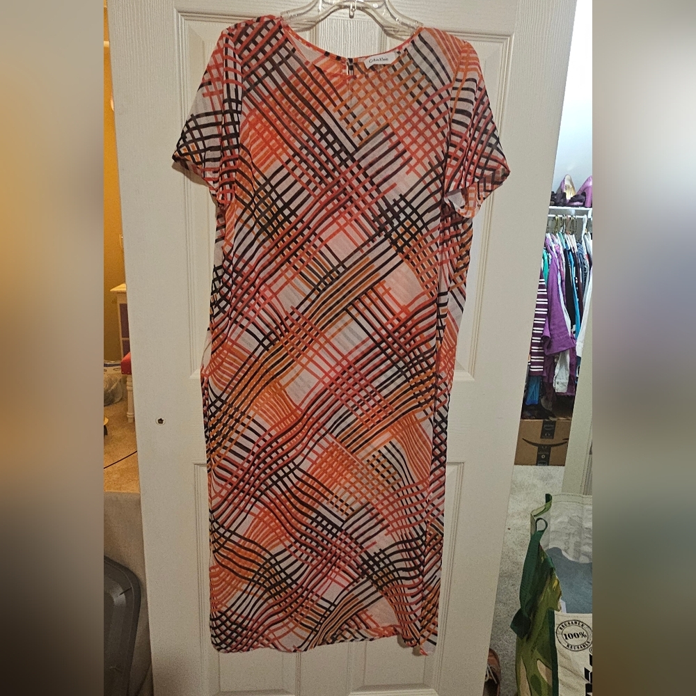 Calvin Klein Orange, Black & White Sheer Tunic Top Sz M